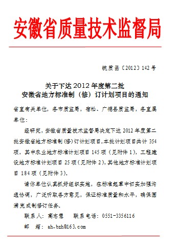 熱烈祝賀愛瑞特三項地方標準通過安徽省質(zhì)量技術(shù)監(jiān)督局立項